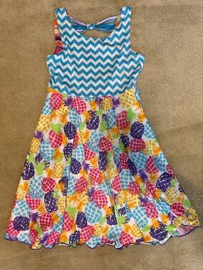 Emily West Girls Reversible Blue Chevron Stripe Multicolor Pineapple Print Dress